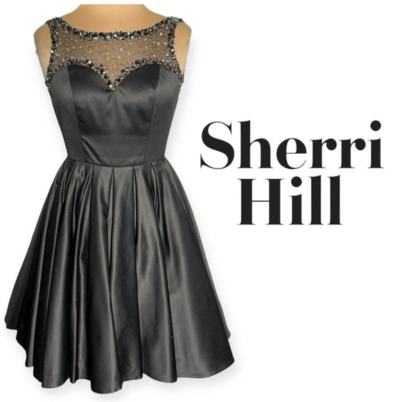 Sherri Hill Black Satin Fit and Flare Dress with bead and sequin embellishments - Picture 1 of 10